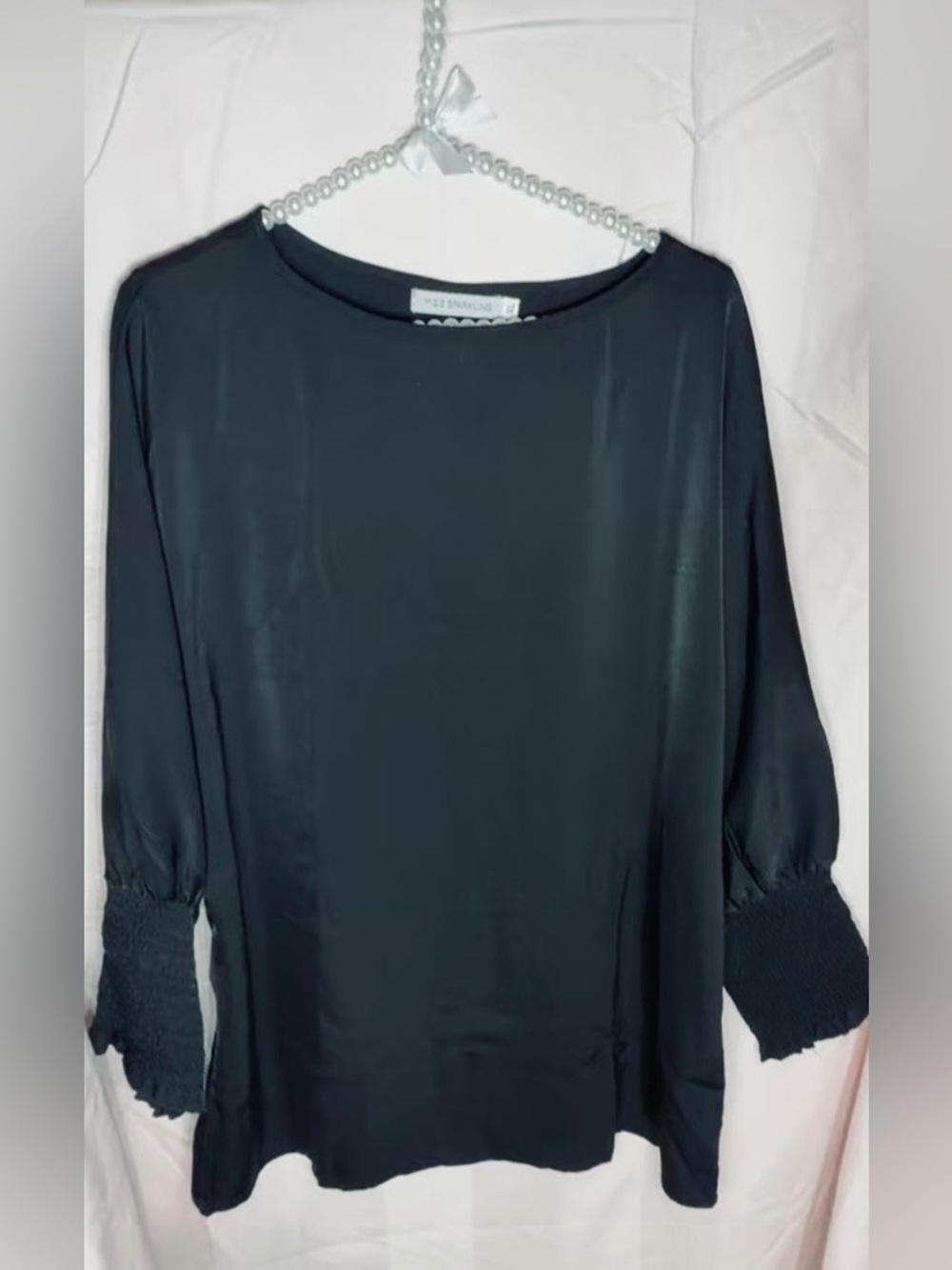 🇺🇸Sale Miss Sparkling Black Satin-Feel Long Sleeve Blouse with Smocked Cuffs